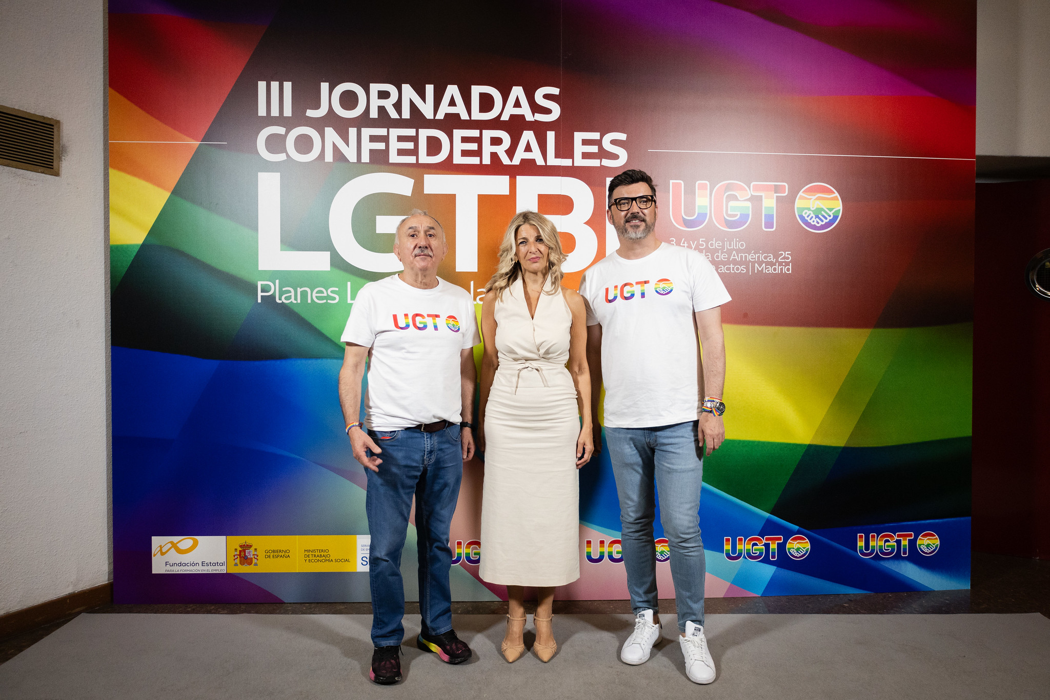 Pepe Álvarez, secretario general de UGT; Yolanda Díaz, Vicepresidenta segunda y ministra de Trabajo y Economía social del Gobierno de España y Toño Abad, responsable confederal de Acción LGTBI de UGT